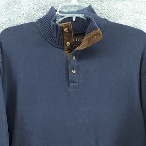 Nautica Sweater Mens XL Navy Knit Mock Neck 1/4 Button Corduroy Collar Sail Logo